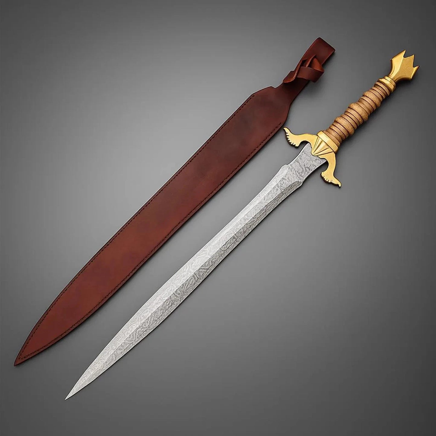 Handmade Damascus Steel Medieval Sword – 32” Viking Fantasy Replica with Leather Sheath | Arham Cutlery