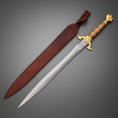 Handmade Damascus Steel Medieval Sword – 32” Viking Fantasy Replica with Leather Sheath | Arham Cutlery