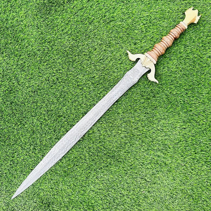Handmade Damascus Steel Medieval Sword – 32” Viking Fantasy Replica with Leather Sheath | Arham Cutlery