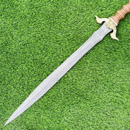 Handmade Damascus Steel Medieval Sword – 32” Viking Fantasy Replica with Leather Sheath | Arham Cutlery