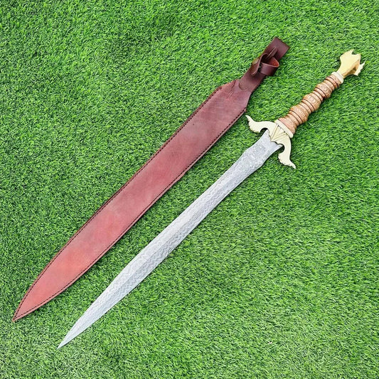 Handmade Damascus Steel Medieval Sword – 32” Viking Fantasy Replica with Leather Sheath | Arham Cutlery - Arham Cutlery