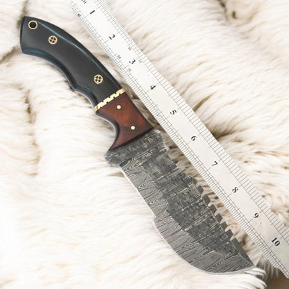Handmade Damascus Tracker Knife – 10″ Survival Blade with Mosaic Pin & Premium Leather Sheath