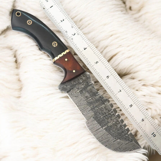 Handmade Damascus Tracker Knife – 10″ Survival Blade with Mosaic Pin & Premium Leather Sheath - Arham Cutlery