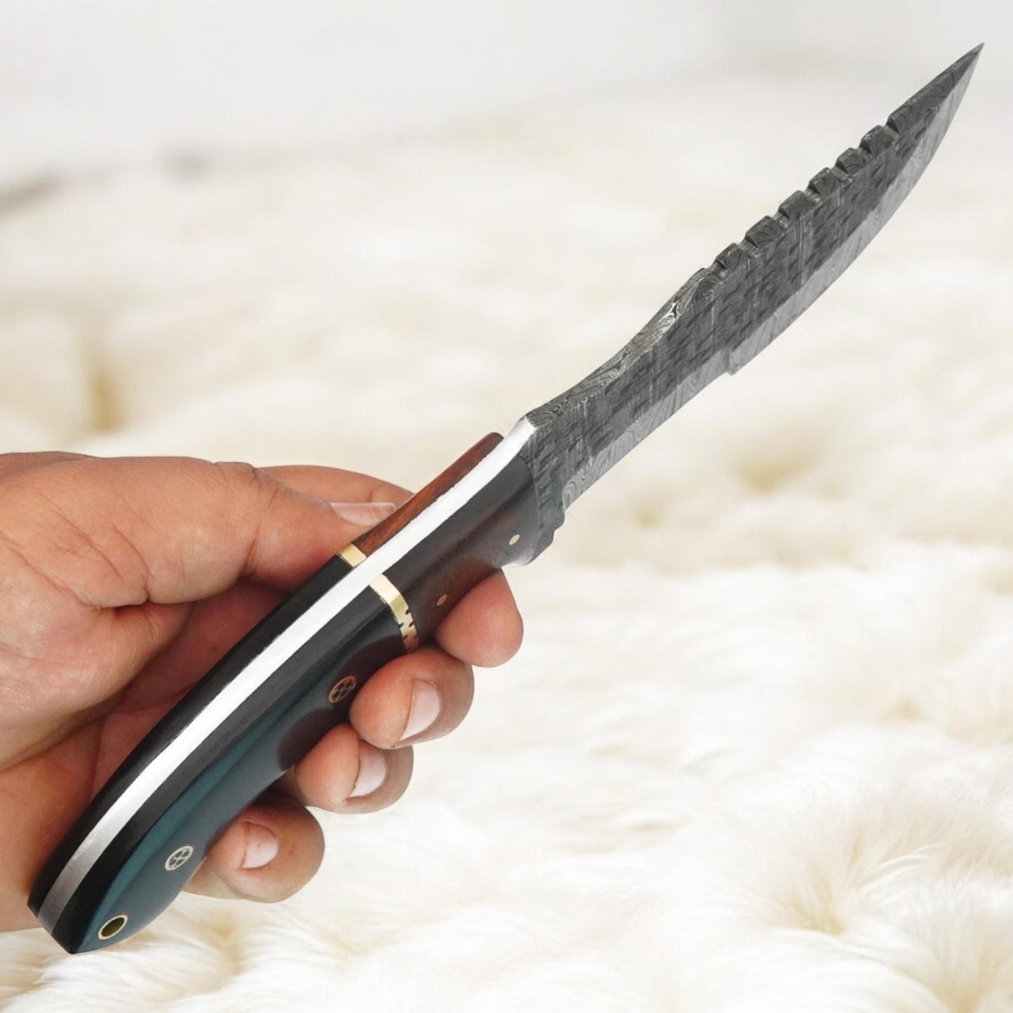 Handmade Damascus Tracker Knife – 10″ Survival Blade with Mosaic Pin & Premium Leather Sheath