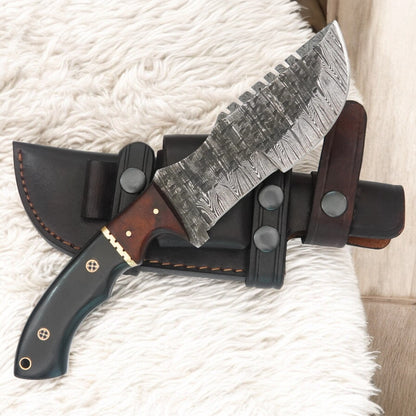 Handmade Damascus Tracker Knife – 10″ Survival Blade with Mosaic Pin & Premium Leather Sheath