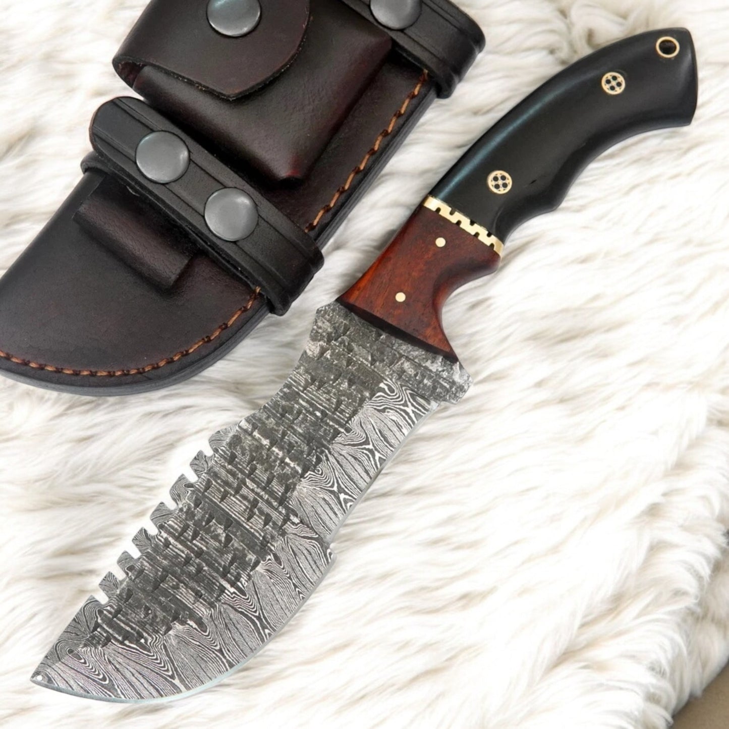 Handmade Damascus Tracker Knife – 10″ Survival Blade with Mosaic Pin & Premium Leather Sheath