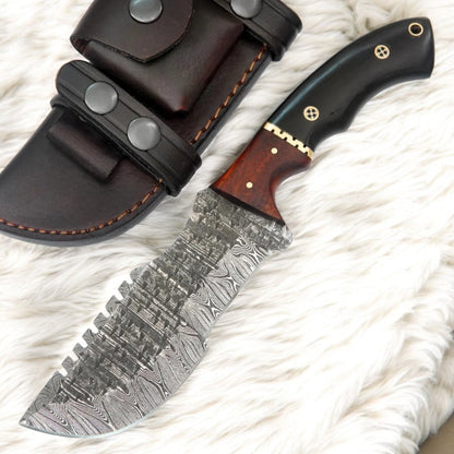 Handmade Damascus Tracker Knife – 10″ Survival Blade with Mosaic Pin & Premium Leather Sheath