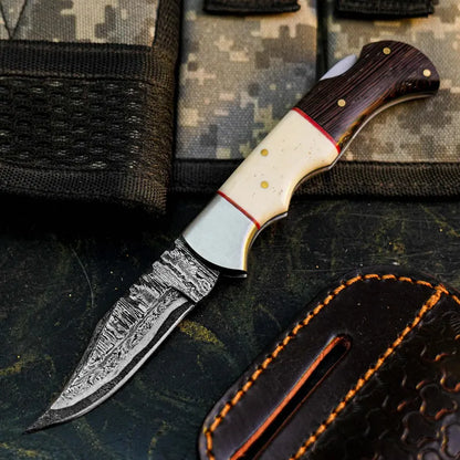 Handmade Damascus Pocket Knife with Wenge & Camel Bone Arham Cutlery