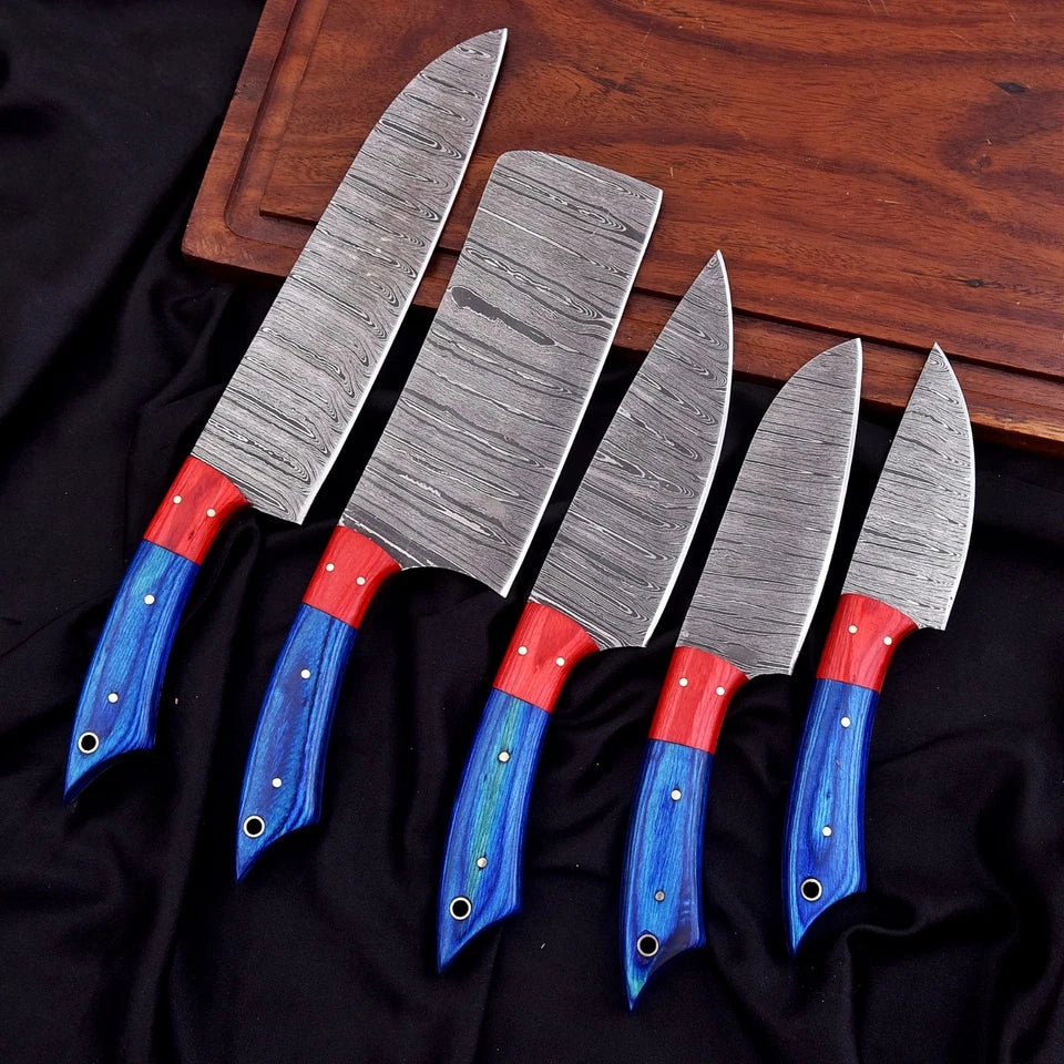 Handmade Damascus Steel 5-Piece Chef Knife Set with Wood Handles, Mosaic Pins & Leather Carry Bag | Arham Cutlery