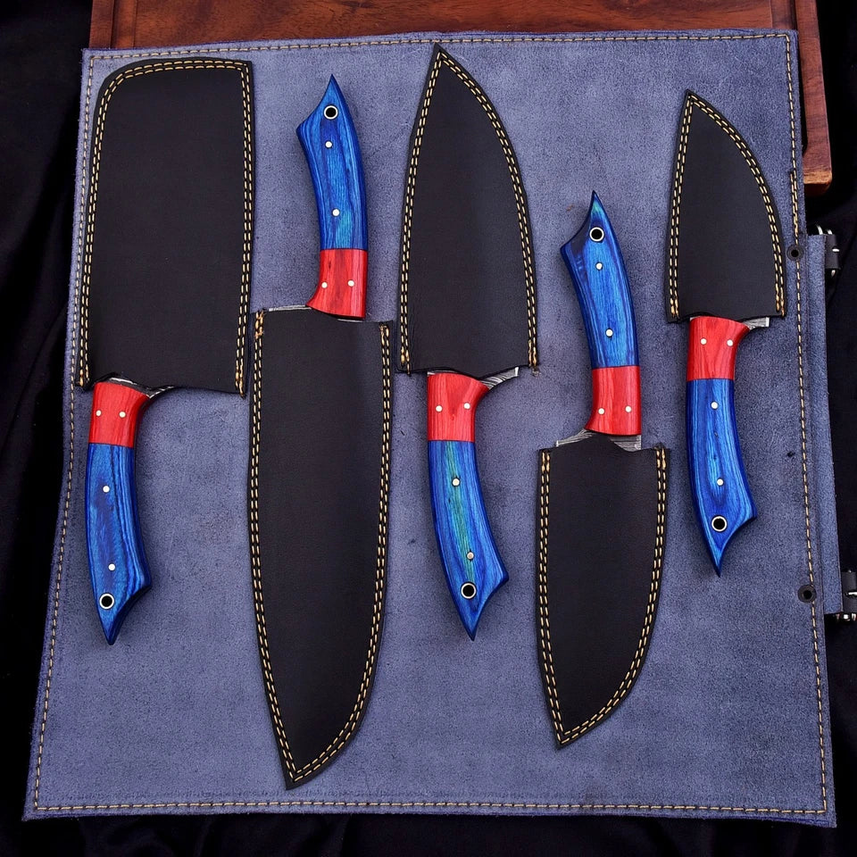 Handmade Damascus Steel 5-Piece Chef Knife Set with Wood Handles, Mosaic Pins & Leather Carry Bag | Arham Cutlery