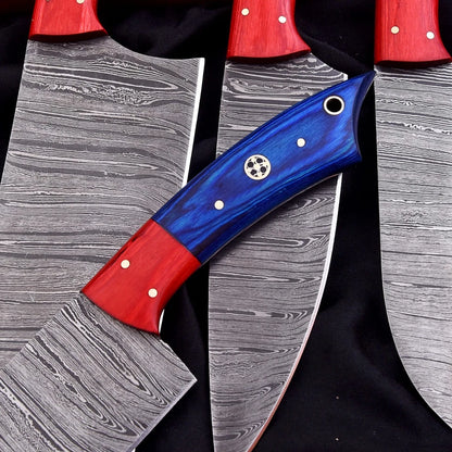 Handmade Damascus Steel 5-Piece Chef Knife Set with Wood Handles, Mosaic Pins & Leather Carry Bag | Arham Cutlery