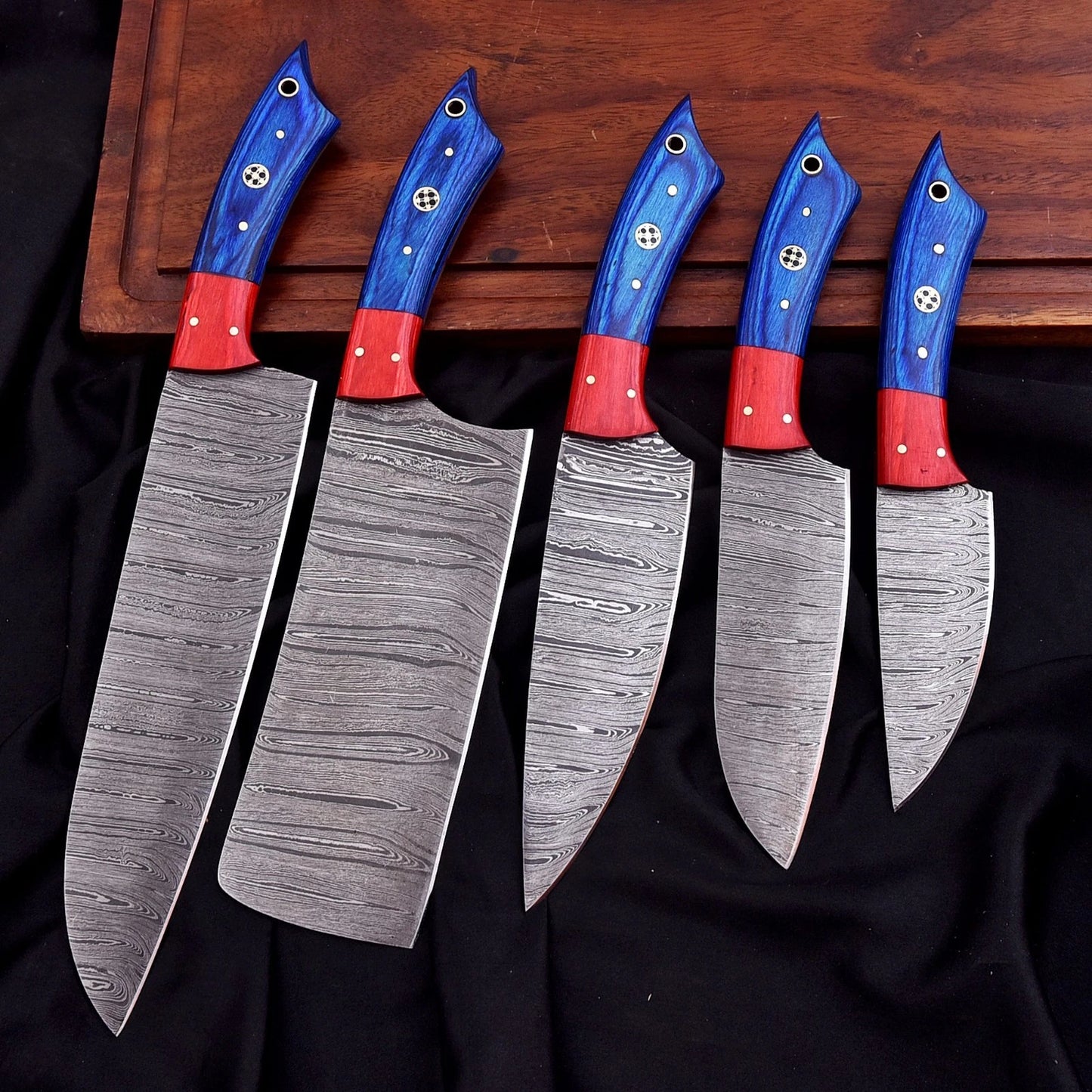 Handmade Damascus Steel 5-Piece Chef Knife Set with Wood Handles, Mosaic Pins & Leather Carry Bag | Arham Cutlery