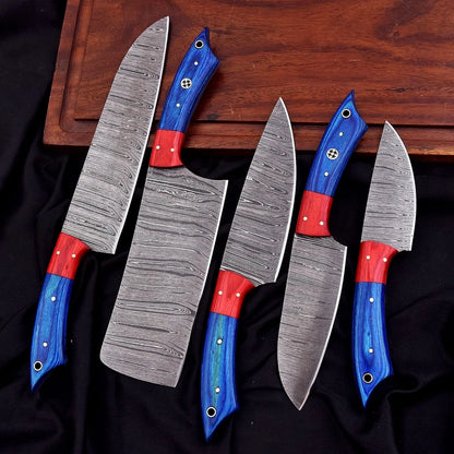 Handmade Damascus Steel 5-Piece Chef Knife Set with Wood Handles, Mosaic Pins & Leather Carry Bag | Arham Cutlery