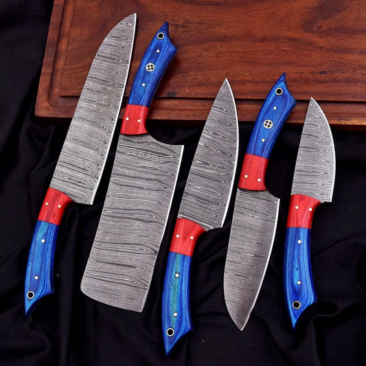 Handmade Damascus Steel 5-Piece Chef Knife Set with Wood Handles, Mosaic Pins & Leather Carry Bag | Arham Cutlery