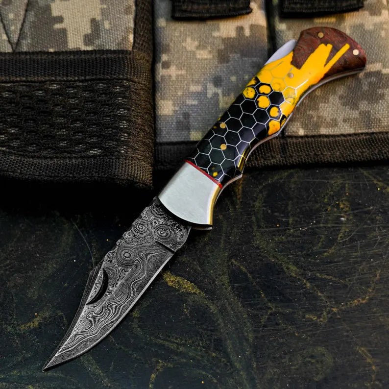 Handmade Damascus Pocket Knife with Artistic Wood Resin Handle Arham Cutlery