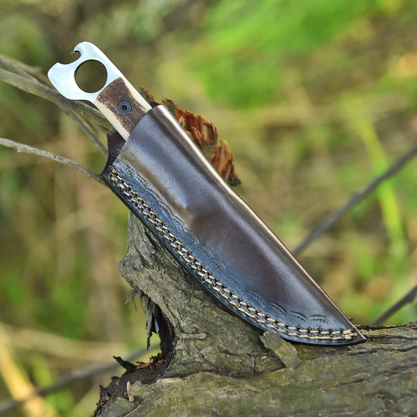 A fixed-blade knife with a silver blade and handle, partially tucked into a dark brown leather sheath, resting on a tree branch outdoors.