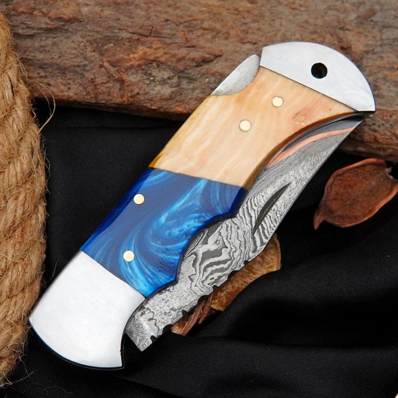 Custom Damascus Pocket Knife with Blue Resin & Hardwood Handle | Handmade Folding EDC Knife Arham Cutlery