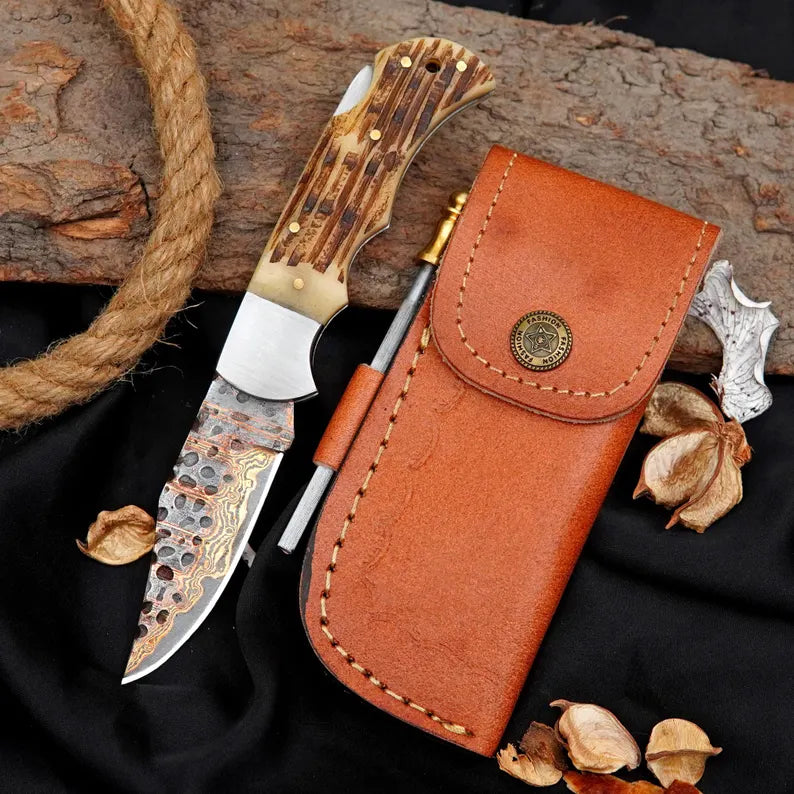 Custom Bone Handle Folding Knife | Handmade Patterned Blade EDC Pocket Knife with Back Lock Arham Cutlery