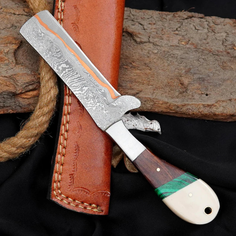 Custom Copper Damascus Bull Cutter with Stone & Resin Handle | Handmade Fixed Blade Knife with Leather Sheath Arham Cutlery