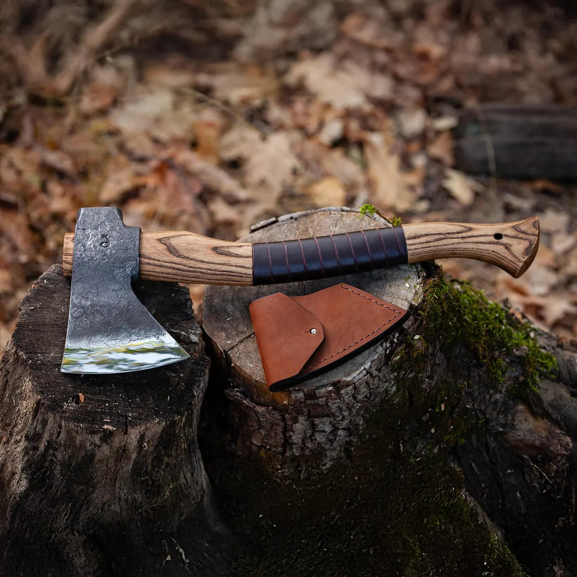 Outdoor Camp Axe with Hammer Back – Handmade Forest Hatchet with Leather Grip & Protective Case Arham Cutlery