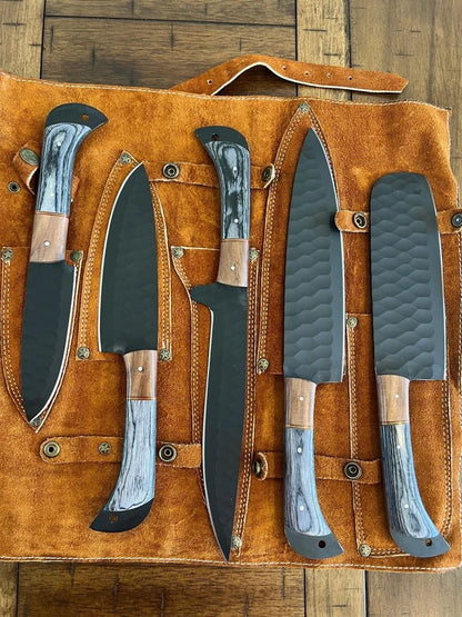 Handmade Hammered Steel 5-Piece Chef Knife Set with Wood Handles & Leather Carry Bag | Arham Cutlery