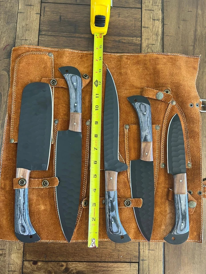 Handmade Hammered Steel 5-Piece Chef Knife Set with Wood Handles & Leather Carry Bag | Arham Cutlery