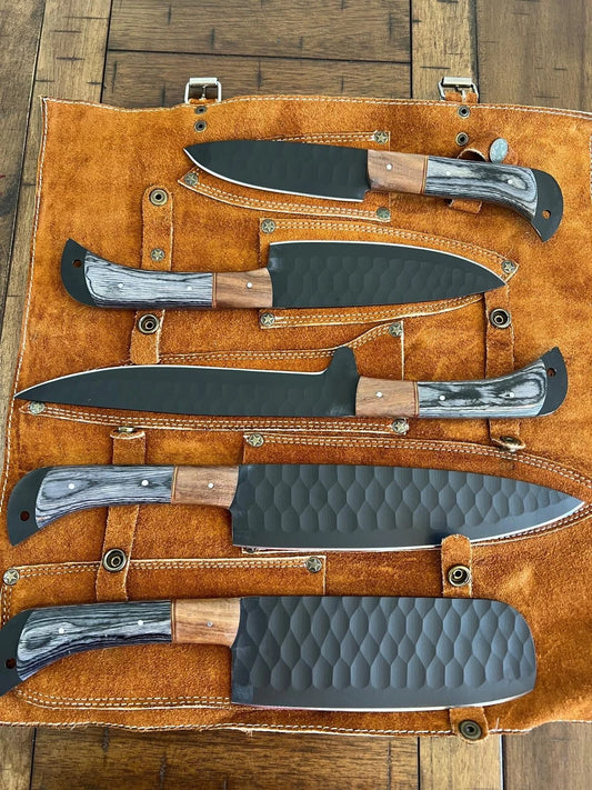 Handmade Hammered Steel 5-Piece Chef Knife Set with Wood Handles & Leather Carry Bag | Arham Cutlery