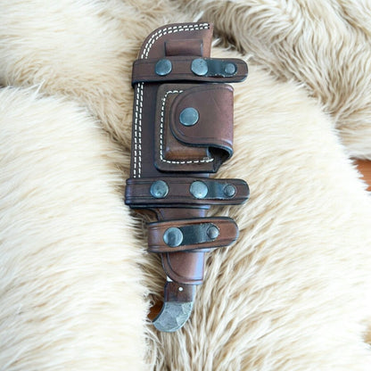 Handmade Hammered Damascus Tracker Knife – 10″ Fixed Blade with Bone & Wood Handle and Leather Sheath