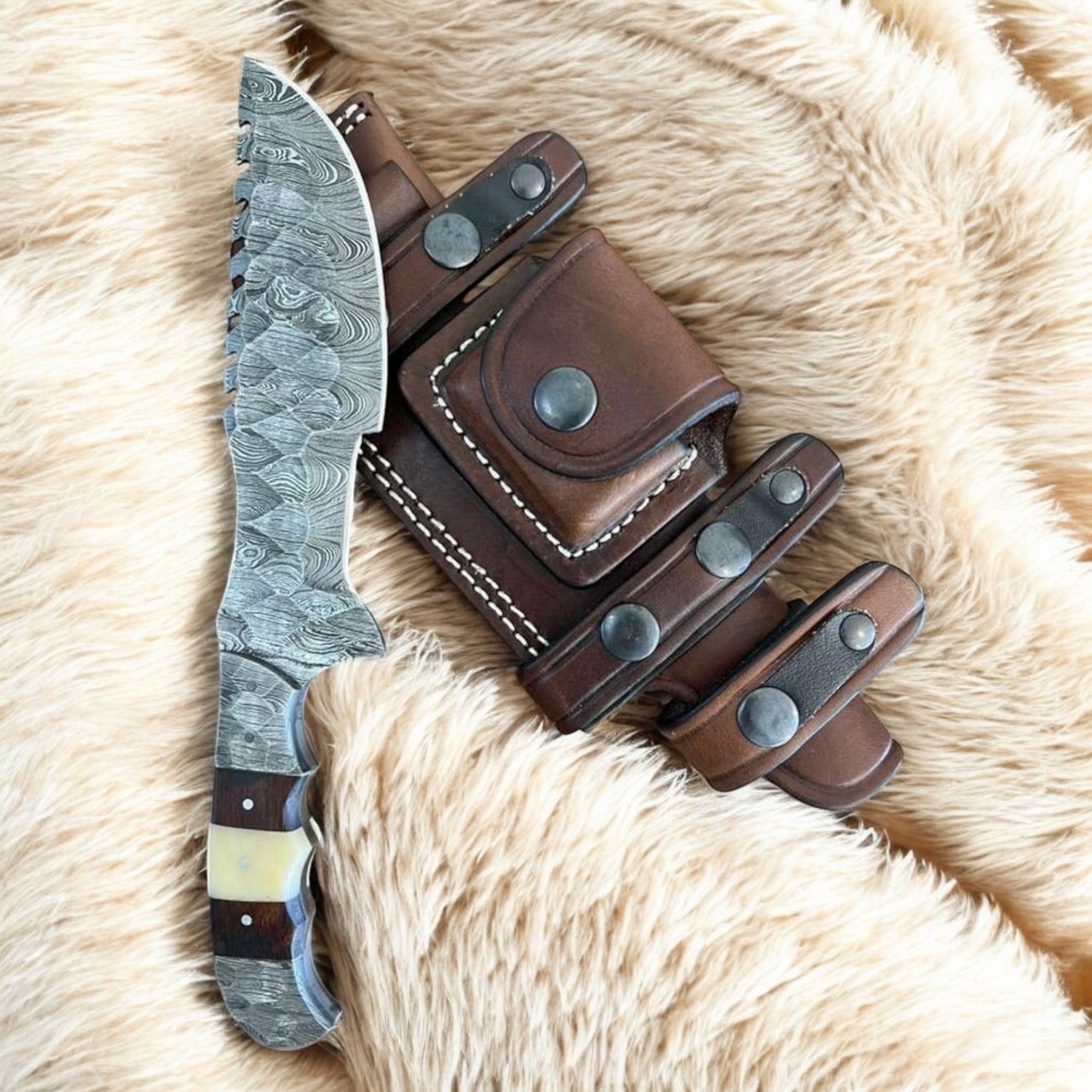 Handmade Hammered Damascus Tracker Knife – 10″ Fixed Blade with Bone & Wood Handle and Leather Sheath