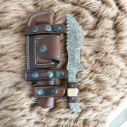 Handmade Hammered Damascus Tracker Knife – 10″ Fixed Blade with Bone & Wood Handle and Leather Sheath