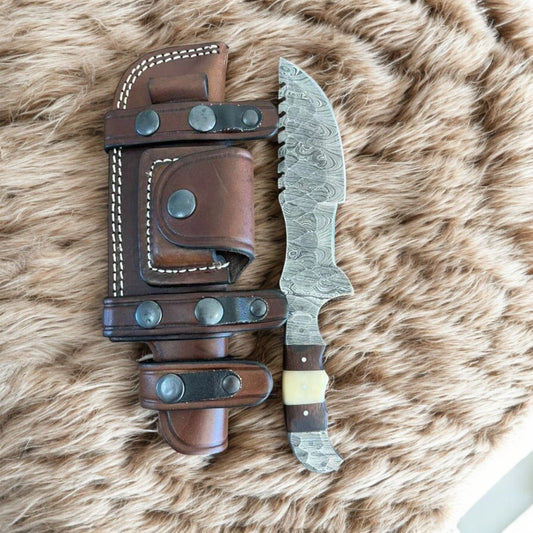 Handmade Hammered Damascus Tracker Knife – 10″ Fixed Blade with Bone & Wood Handle and Leather Sheath