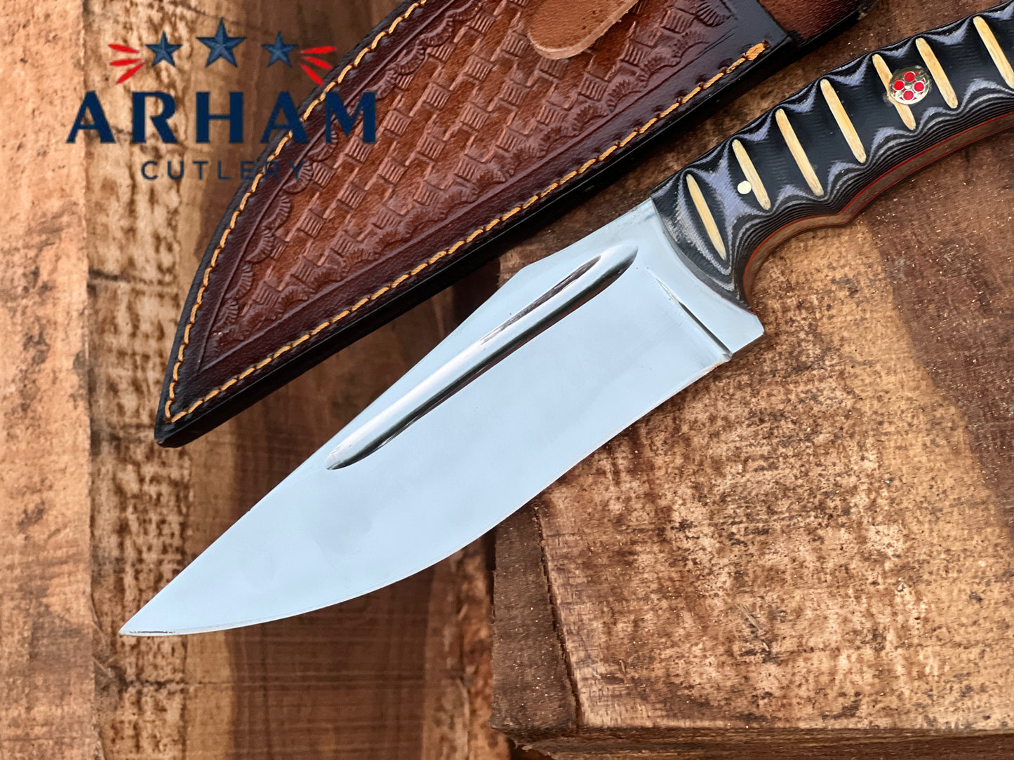 Handmade 11" D2 Steel Hunting Knife – Micarta Handle & Leather Sheath