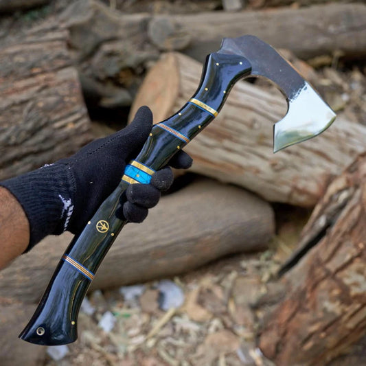 Custom Handmade Bushcraft Axe with Resin & Turquoise Handle | High Carbon Steel Outdoor Hatchet with Leather Sheath Arham Cutlery