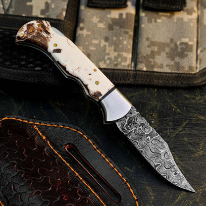 Handmade Damascus Hunting Knife with Patterned Resin Handle Arham Cutlery