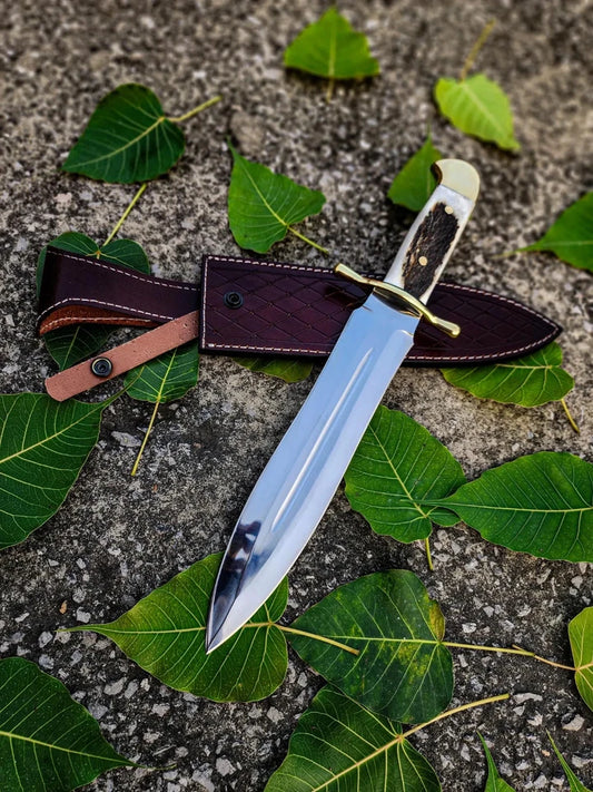 Handmade Stainless Steel Bowie Hunting Knife with Stag Handle & Leather Sheath | Arham Cutlery