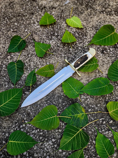 Handmade Stainless Steel Bowie Hunting Knife with Stag Handle & Leather Sheath | Arham Cutlery