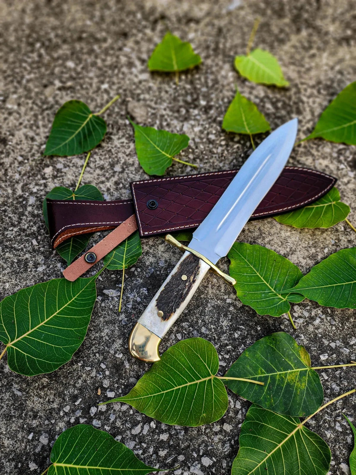 Handmade Stainless Steel Bowie Hunting Knife with Stag Handle & Leather Sheath | Arham Cutlery
