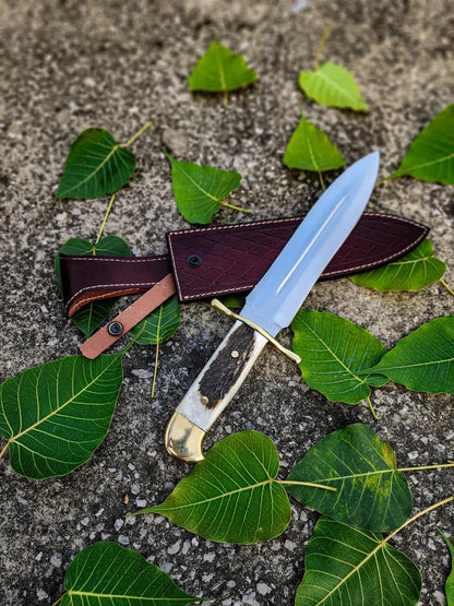 Handmade Stainless Steel Bowie Hunting Knife with Stag Handle & Leather Sheath | Arham Cutlery