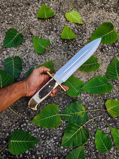 Handmade Stainless Steel Bowie Hunting Knife with Stag Handle & Leather Sheath | Arham Cutlery