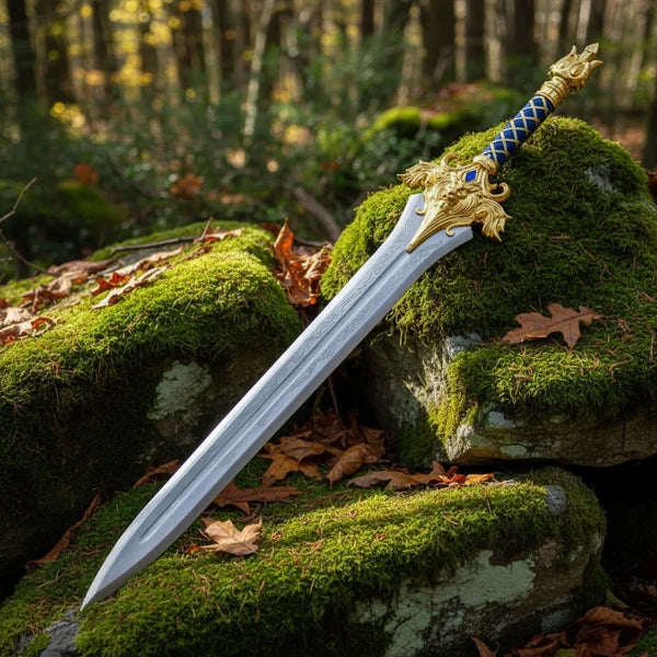 Ornate Gold Lion Broad Sword with Blue Leather Grip Arham Cutlery