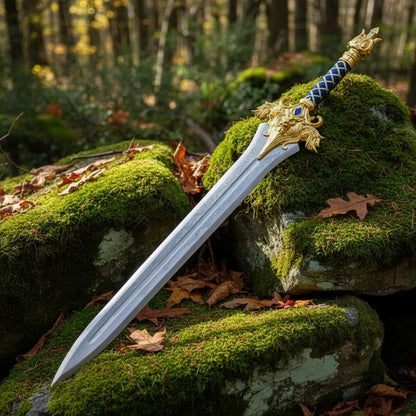 Ornate Gold Lion Broad Sword with Blue Leather Grip Arham Cutlery
