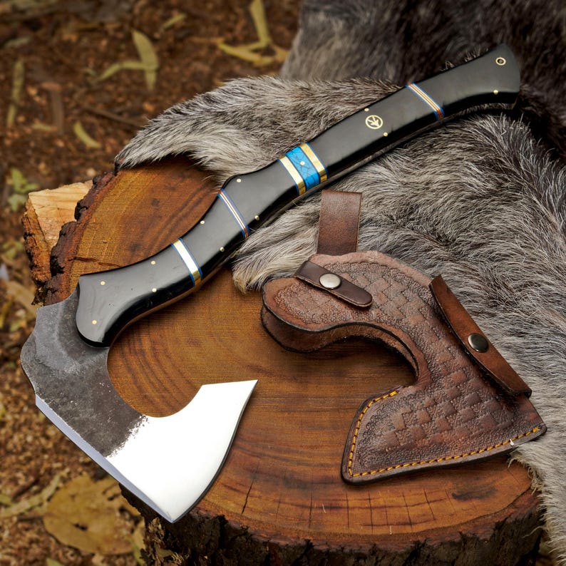 Custom Handmade Bushcraft Axe with Resin & Turquoise Handle | High Carbon Steel Outdoor Hatchet with Leather Sheath Arham Cutlery