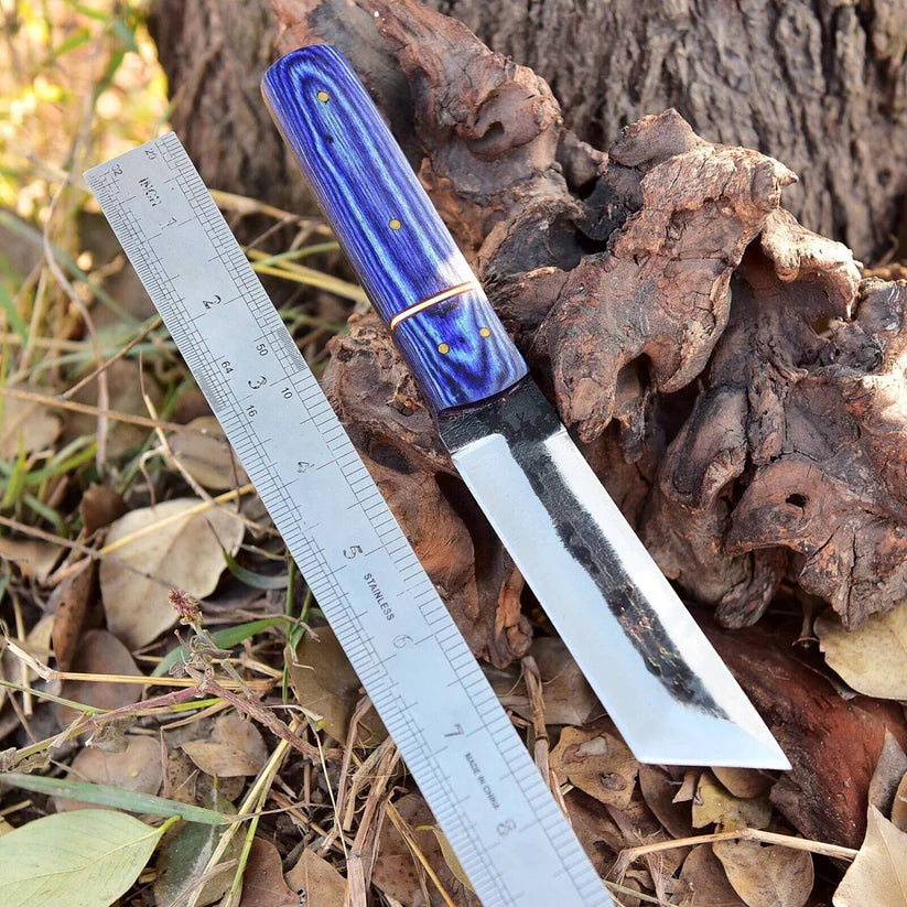A pocket knife with a polished silver blade and a blue striped handle with gold pins, shown next to a metal ruler on a natural background of tree bark, dry leaves, and grass.