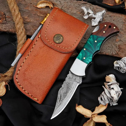 Handmade High-Contrast Damascus Pocket Knife | Green Resin & Rosewood Folding Knife with Gift Box Arham Cutlery