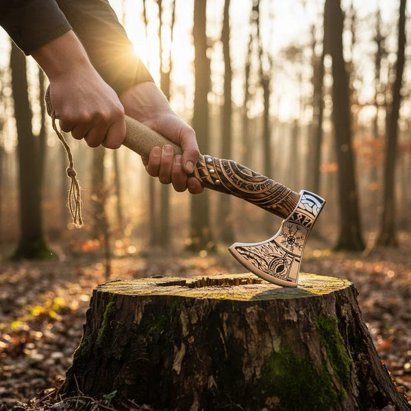 Carved Norse Axe with Engraved High Carbon Steel Head Arham Cutlery