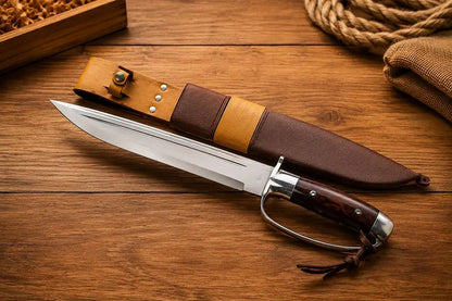 Large D2 Bowie Knife with Rosewood Grip, Steel D-Guard & Sheath Arham Cutlery