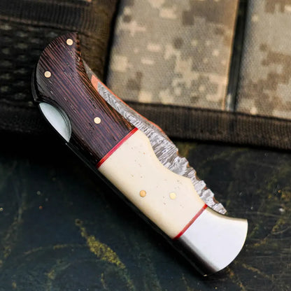 Handmade Damascus Pocket Knife with Wenge & Camel Bone Arham Cutlery