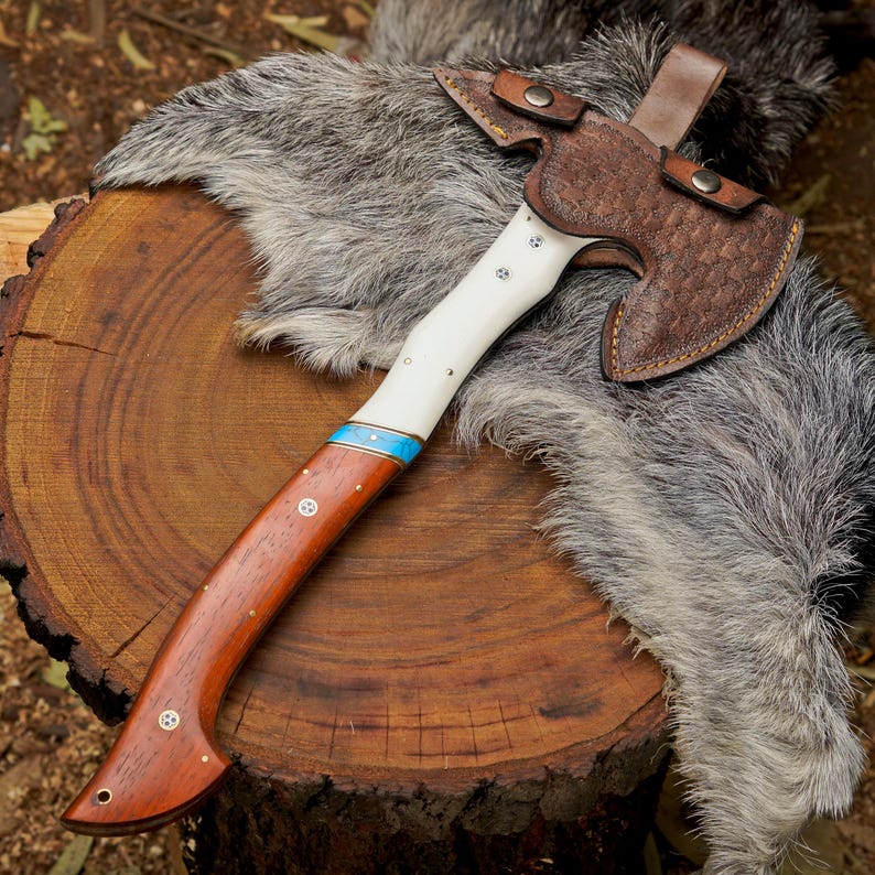 Custom Bushcraft Hatchet with Paddock Wood Handle | Handmade 1095 Steel Outdoor Axe with Leather Sheath Arham Cutlery