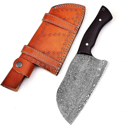 Custom Forged Damascus Serbian Chef Cleaver with Wenge Wood Handle & Leather Sheath | Handmade Butcher Chopper Knife Arham Cutlery