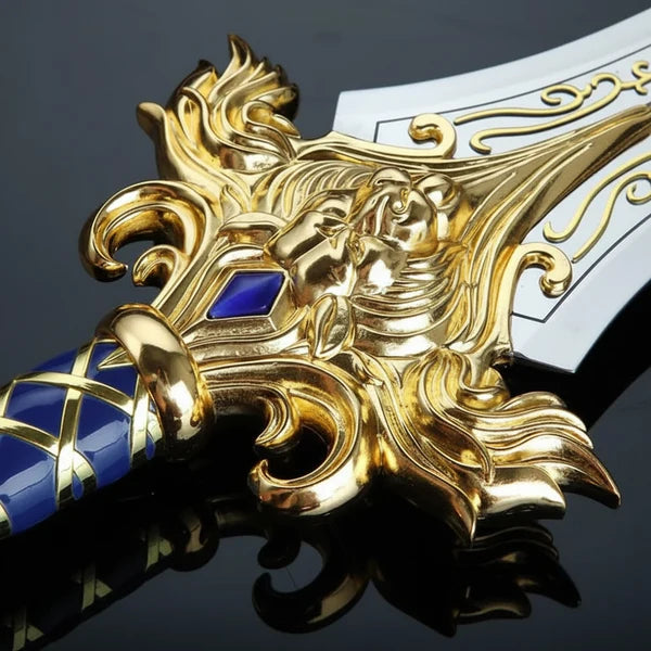 Ornate Gold Lion Broad Sword with Blue Leather Grip Arham Cutlery
